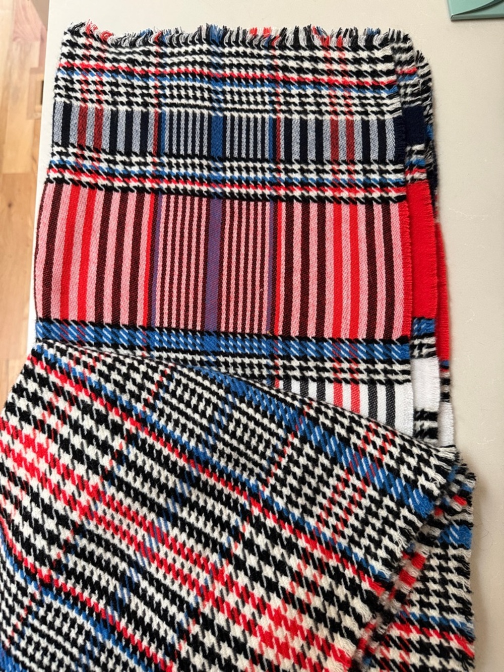 Striped & Houndstooth Multicolor Knit Scarf - Red, Blue, Black, White
